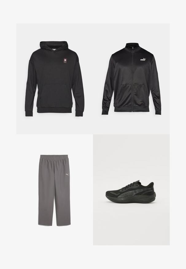 Must läikivast ja siledast kangast must kapuutsiga jakk. Omab kõrget kaelust, kahte esi-taskut ja valget Puma logo vasakul rinnal.; Must must, mis pehmest kangast, front kangaroo tasku, soonikkoes ja väike logo tarra vasakus ülanurgas.; Hallid hallid sportpüksid elastse vöökohtaga, valmistatud kergest kangast. Vasakul jalal on väike valge logo.; Musternähtud pealistusega mustad sportlikud jalatsid, sirged paelad ja pehmendatud tald, millel on peened peegeldavad aktsendid.