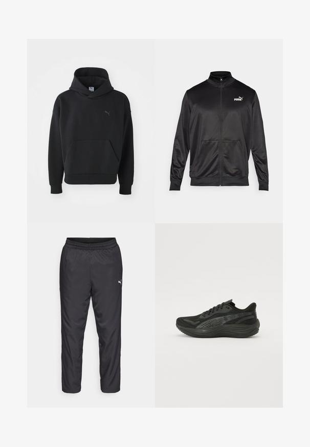Črna jakna na zadrgo iz gladkega, sijočega materiala. Ima visok ovratnik, dva sprednja žepa in belo Puma logotip na levem prsnem delu.; Črna kapucinska majica iz mehkega materiala, z daljnjim žepom in diskretno sivim logotipom Puma na prsih. Sproščen dizajn z rebrastimi manšetami.; Črne športne hlače iz gladkega, lahkega materiala. Imajo elastičen pas in mali bel logotip na levi strani.; Črne atletske čevlje z mrežasto zgornjim delom, ravnimi vezalkami in oblazinjeno podplat, ki ima subtilne odsevne akcentne.