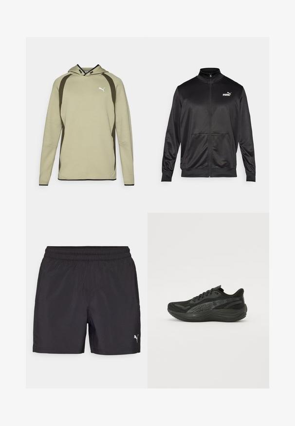 Svart zip-up jakke laget av glatt, skinnende stoff. Har høy krage, to frontlommer og en hvit Puma-logo på venstre bryst.; Lys grønn hettegenser med kengurulomme, svarte detaljer langs sidene og i kanten, og en hvit logo på brystet. Mykt, teksturert materiale.; Svartidrettsshorts med elastisk midje, laget av lett materiale, med en liten hvit logo på den nedre siden.; Svart idrettssko med en teksturert mesh-overdel, flate lisser og en polstret såle med subtile reflekterende detaljer.