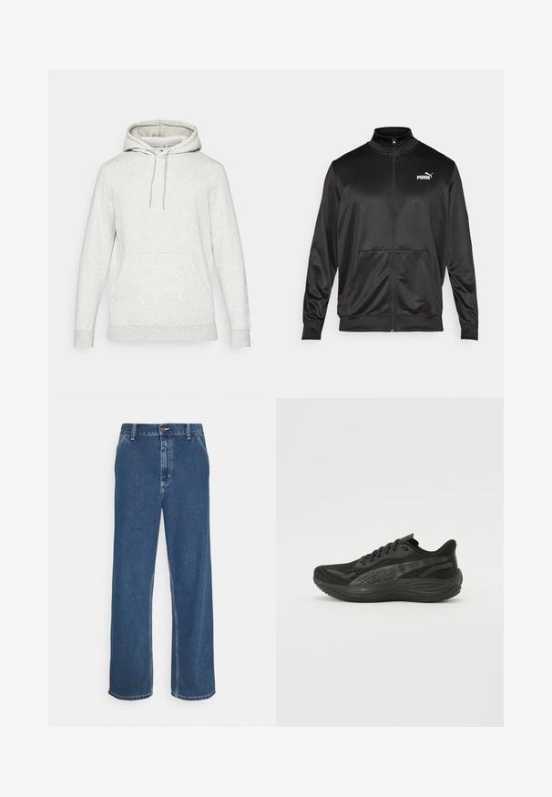 Juodas zip-up švarkas, pagamintas iš lygaus, blizgaus audinio. Turintis aukštą apykaklę, dvi priekinės kišenes ir baltą Puma logotipą kairiajame krūtinės kampe.; Šviesiai pilka hoodie su raišteliu kapuce, priekinė kišenė ir raštuoti rankogaliai. Pagaminta iš minkštos medžiagos, su subtiliu spalvotu logotipu.; Mėlyni džinsai su tiesiu kirpimu, penkių kišenių dizainu, metaliniu sagatavu uždarymu ir matomomis siūlėmis palei siūles ir kraštus.; Juodos sportinės bateliai su tekstūruotu mezginiu, plokščiomis raištelėmis ir paminkštintu padu, turinčiu subtilius atspindinčius akcentus.