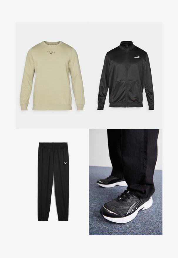 Čierna zipsová bunda vyrobená z hladkej, lesklej textílie. Má vysoký golier, dve predné vrecká a biele logo Puma na ľavej hrudi.; Svetlozelená mikina s dlhými rukávmi, okrúhlym výstrihom a rebrovanými manžetami. Na hrudi sa nachádzajú čierne nápisy "HYROX" a logo Puma. Hladká textúra.; Čierne športové nohavice vyrobené z ľahkého materiálu, s elastickým pásom, zužujúcimi sa nohavicami a bielym logom Puma na ľavom stehne.; Čierne atletické topánky s sieťovinou, bielou podrážkou a čiernymi akcentmi. Podošva má textúrovaný vzor. Nosia sa s čiernymi nohavicami na modrom kobercovom povrchu.