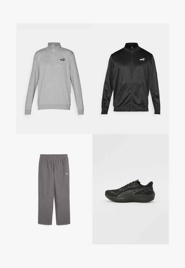 Black zip-up jacket made of smooth, shiny fabric. Features a high collar, two front pockets, and a white Puma logo on the left chest.; Gray sweatshirt with a half-zip collar, long sleeves, and ribbed cuffs. Features a small black Puma logo on the left chest. Soft texture.; Gray athletic pants with an elastic waistband, made of lightweight fabric. Features a small white logo on the left leg.; Black athletic shoe with a textured mesh upper, flat laces, and a cushioned sole featuring subtle reflective accents.