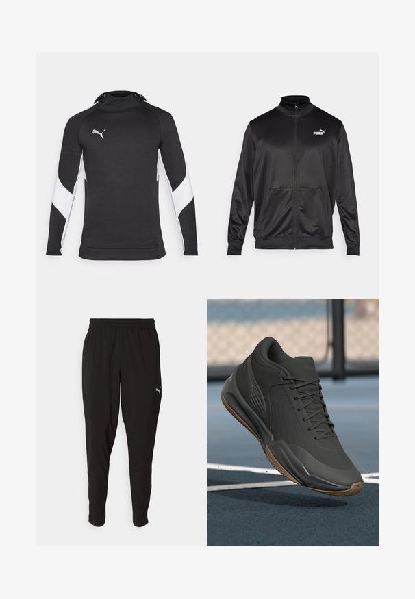 Crna jakna na zip od glatkog, sjajnog materijala. Ima visoki ovratnik, dva prednja džepa i bijeli Puma logo na lijevoj strani grudnog koša.; Crni atletski dukserica s visokim ovratnikom, bijelim naglascima na rukavima i malim logotipom u srebrnoj boji. Mekana tekstura, prilagođen dizajn.; Crne atletske hlače od laganog materijala s elastičnom gumom u struku. Imaju sužene nogavice i mali bijeli logo na lijevom bedru.; Crna atletska cipela s glatkim sintetičkim gornjim dijelom, teksturiranim naglascima i gumiranim potplatom, dizajnirana za performanse i udobnost.