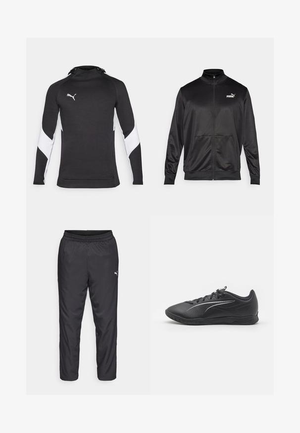 Černá bunda na zip vyrobená z hladké, lesklé látky. Má vysoký límec, dvě přední kapsy a bílé logo Puma na levé straně hrudi.; Černá sportovní mikina s vysokým límcem, bílými akcenty na rukávech a malým logem ve stříbrné barvě. Měkká textura, přiléhavý střih.; Černé sportovní kalhoty vyrobené z hladkého, lehkého materiálu. Mají elastický pas a malé bílé logo na levé straně.; Černé sportovní boty s texturovaným svrškem, hladkými syntetickými panely, šněrováním a pevnou gumovou podešví. Obsahují jemné bílé akcenty.