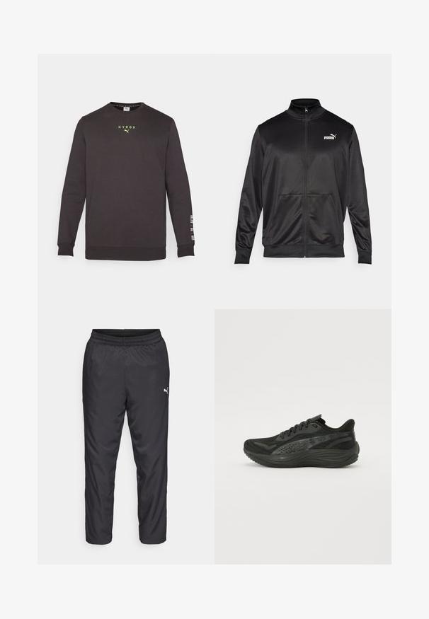Jachetă neagră cu fermoar, made dintr-un material neted, lucios. Dispune de un guler înalt, două buzunare frontale și un logo alb Puma pe pieptul stâng.; Hanorac negru cu mâneci lungi, guler rotund, logo reflectorizant galben "HYROX" pe piept și text alb pe mâneca stângă. Material moale, din fleece.; Pantaloni de sport negri, fabricați dintr-un material neted și ușor. Au un brâu elastic și un mic logo alb pe partea stângă.; Pantofii sport negri, cu un superior din plasă texturată, șireturi plate și o talpă căptușită cu accente reflectorizante subtile.