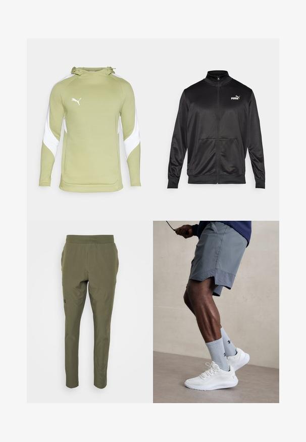 Black zip-up jacket made of smooth, shiny fabric. Features a high collar, two front pockets, and a white Puma logo on the left chest.; Light green hoodie with white accents and a kangaroo pocket. Features a drawstring hood and a white Puma logo on the chest.; Olive green athletic pants made of lightweight fabric, featuring a fitted design, elastic waistband, and subtle side pockets.; White athletic shoes with textured mesh upper, paired with light blue ribbed socks featuring a logo. Grey athletic shorts with perforated trim.