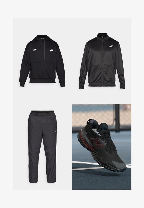 Černá bunda na zip vyrobená z hladké, lesklé látky. Má vysoký límec, dvě přední kapsy a bílé logo Puma na levé straně hrudi.; Černá mikina s kapucí vyrobená z měkké látky má přední kapsu, stahovací kapuci a potisk bílé logo na hrudi a rukávu.; Černé sportovní kalhoty vyrobené z hladkého, lehkého materiálu. Mají elastický pas a malé bílé logo na levé straně.; Černá sportovní bota s texturovaným svrškem, červenými akcenty a gumovou podrážkou. Vyznačuje se nízkým profilem a zesílenou špičkou.