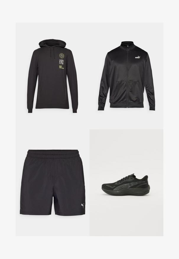 Giacca nera con zip realizzata in tessuto liscio e lucido. Presenta un colletto alto, due tasche frontali e un logo Puma bianco sul lato sinistro del petto.; Felpa nera a maniche lunghe con cappuccio in tessuto morbido, caratterizzata da una stampa verde del logo e del testo sul davanti, con coulisse regolabile e spacchi laterali.; Shorts sportivi neri con elastico in vita, realizzati in materiale leggero, con un piccolo logo bianco sul lato inferiore.; Scarpa sportiva nera con tomaia in mesh testurizzato, lacci piatti e suola ammortizzata con sottili dettagli riflettenti.