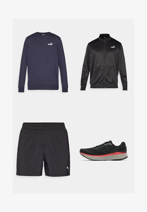 Svart zip-up jakke laget av glatt, skinnende stoff. Har høy krage, to frontlommer og en hvit Puma-logo på venstre bryst.; Mørkeblå langermet sweatshirt laget av bomull. Har rund hals, ribbestrikkede mansjetter og en hvit PUMA-logo på brystet. Glatt tekstur.; Svartidrettsshorts med elastisk midje, laget av lett materiale, med en liten hvit logo på den nedre siden.; Svarte joggesko med mesh-overdel, accentuert av en rosa mellomsålestripe og grå yttersåle. Har teksturerte detaljer og et fleksibelt såledesign.