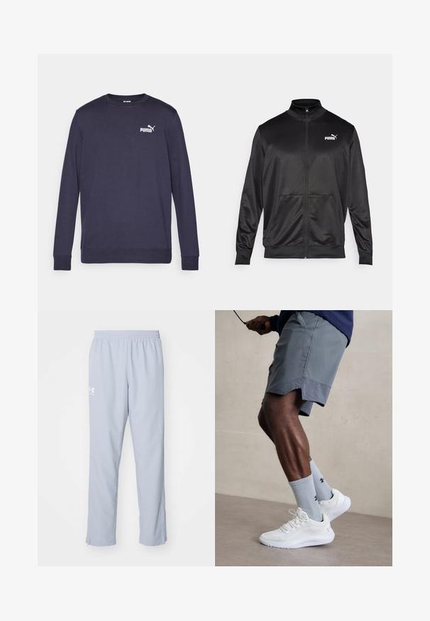 Svart zip-up jakke laget av glatt, skinnende stoff. Har høy krage, to frontlommer og en hvit Puma-logo på venstre bryst.; Mørkeblå langermet sweatshirt laget av bomull. Har rund hals, ribbestrikkede mansjetter og en hvit PUMA-logo på brystet. Glatt tekstur.; Lyseblå treningstights med elastisk midje, sidelommer og ankelglidelåser. Har en hvit logo på venstre lår.; Hvite treningssko med teksturert mesh-overdel, kombinert med lyseblå ribbestrikkede sokker med logo. Grå treningsshorts med perforert kant.