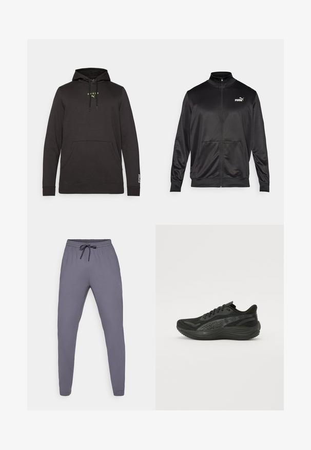 Giacca nera con zip realizzata in tessuto liscio e lucido. Presenta un colletto alto, due tasche frontali e un logo Puma bianco sul lato sinistro del petto.; Felpa nera realizzata in morbido tessuto, con tasca a marsupio, cappuccio con coulisse e testo del logo in neon verde sul petto e sulla manica.; Pantaloni sportivi grigi con vita elasticizzata e cordoncino. Texture liscia, design a gamba affusolata, con un piccolo logo sul lato.; Scarpa sportiva nera con tomaia in mesh testurizzato, lacci piatti e suola ammortizzata con sottili dettagli riflettenti.