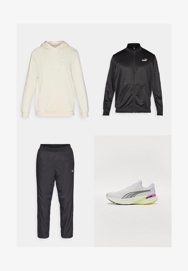 Chaqueta negra con cremallera hecha de un tejido liso y brillante. Presenta un cuello alto, dos bolsillos frontales y un logo blanco de Puma en el lado izquierdo del pecho.; Sudadera de color crema con mangas largas, capucha ajustable con cordón y bolsillo tipo canguro en la parte frontal. Presenta un discreto logo blanco de Puma en el pecho.; Pantalones deportivos negros hechos de un material liso y ligero. Presenta una cintura elástica y un pequeño logo blanco en el lado izquierdo.; Zapatilla deportiva blanca con parte superior de malla transpirable, detalles en negro y una suela multicolor con detalles en morado y verde.