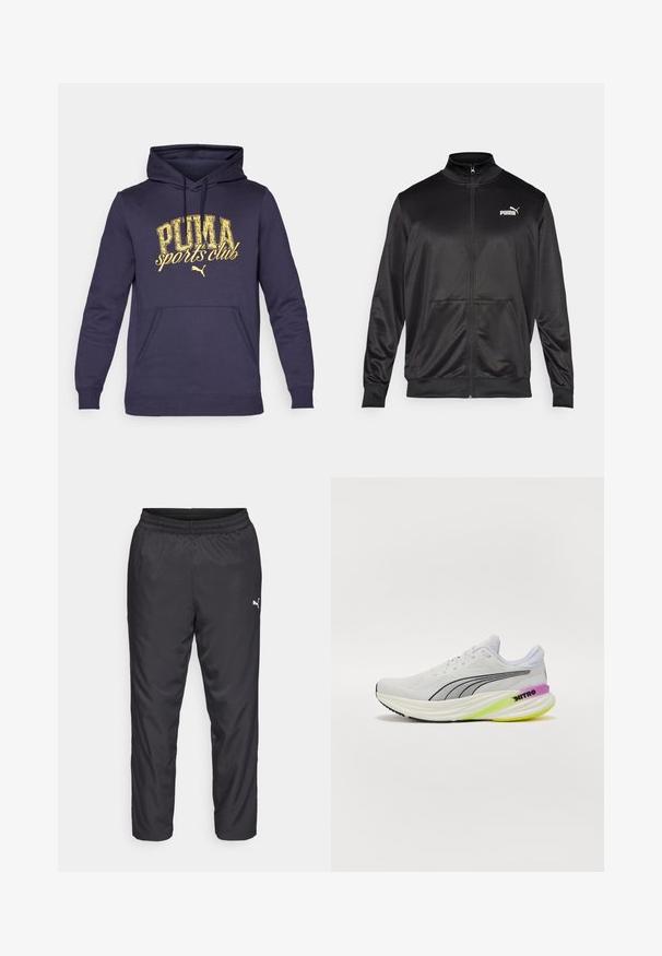 Černá bunda na zip vyrobená z hladké, lesklé látky. Má vysoký límec, dvě přední kapsy a bílé logo Puma na levé straně hrudi.; Námořnická modrá mikina s kapucí vyrobená z bavlněné směsi, která má přední klokaní kapsu a žlutý opotřebovaný potisk s nápisem "PUMA sports club."; Černé sportovní kalhoty vyrobené z hladkého, lehkého materiálu. Mají elastický pas a malé bílé logo na levé straně.; Bílé sportovní boty s prodyšným síťovaným svrškem, černými akcenty a vícbarevnou podrážkou s fialovými a zelenými detaily.