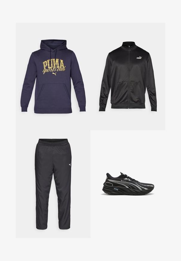 Sort zip-jakke lavet af glat, skinnende stof. Har en høj krave, to forlommer og et hvidt Puma-logo på venstre bryst.; Marineblå hættetrøje lavet af bomuldsblanding, med en frontlomme og et gult slidt tryk, der står "PUMA sports club."; Sorte træningsbukser lavet af glat, let materiale. Har en elastisk talje og et lille hvidt logo på venstre side.; Sort løbesko lavet af GORE-TEX materiale, med en tekstureret overdel, buet sål og reflekterende sølvdetaljer.