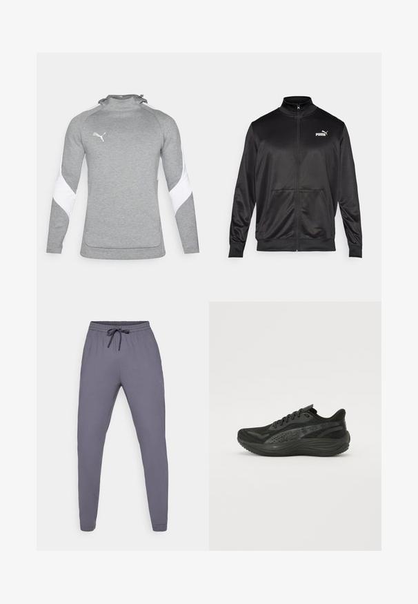 Schwarze Zip-Jacke aus glattem, glänzendem Stoff. Merkmale sind ein hoher Kragen, zwei Fronttaschen und ein weißes Puma-Logo auf der linken Brust.; Grau Pullover mit langen Ärmeln, die weiße Akzente an den Schultern, einen hohen Kragen und ein kleines Logo auf der Brust aufweisen. Strukturierter Stoff.; Graue Sporthose mit elastischem Bund und Kordelzug. Glatte Textur, schmal zulaufendes Bein-Design, mit einem kleinen Logo an der Seite.; Schwarzer Sportschuh mit Obermaterial aus strukturiertem Mesh, flachen Schnürsenkeln und einer gepolsterten Sohle mit dezenten reflektierenden Akzenten.