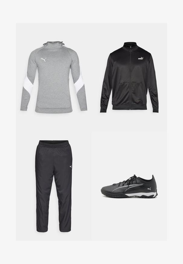 Crna jakna na zip od glatkog, sjajnog materijala. Ima visoki ovratnik, dva prednja džepa i bijeli Puma logo na lijevoj strani grudnog koša.; Sivi pulover s dugim rukavima, s bijelim naglascima na ramenima, visokim ovratnikom i malim logotipom na prsima. Tekstura tkanine.; Crne atletske hlače izrađene od glatkog, laganog materijala. Imaju elastičnu struk i mali bijeli logo s lijeve strane.; Crne atletske tenisice s teksturiranim gornjim dijelom, bijelim detaljima, vezanjem i kontrastnim bijelim potplatom. Imaju uzorak na gumenom potplatu.