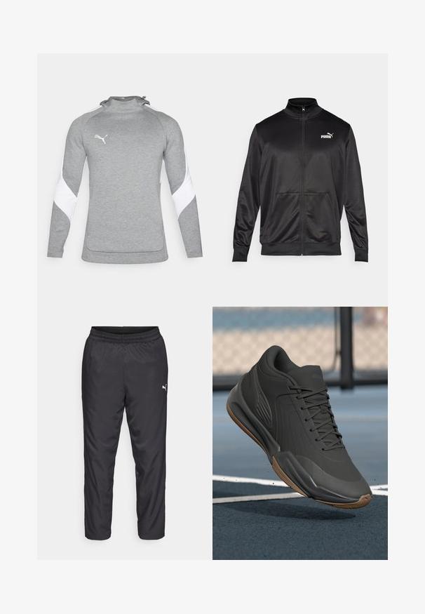 Čierna zipsová bunda vyrobená z hladkej, lesklej textílie. Má vysoký golier, dve predné vrecká a biele logo Puma na ľavej hrudi.; Sivý pulóver s dlhými rukávmi, ktorý má biele akcenty na pleciach, vysoký golier a malé logo na hrudi. Štruktúrovaná tkanina.; Čierne športové nohavice vyrobené z hladkého, ľahkého materiálu. Obsahujú elastický pás a malé biele logo na ľavej strane.; Čierne športové topánky s hladkým syntetickým zvrškom, textúrovanými akcentmi a gumovou podrážkou, navrhnuté pre výkon a komfort.
