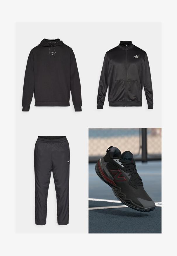 Black zip-up jacket made of smooth, shiny fabric. Features a high collar, two front pockets, and a white Puma logo on the left chest.; Black hooded sweatshirt made of soft fabric, featuring a front kangaroo pocket and white logo text on the chest. The cuffs are ribbed.; Black athletic pants made of smooth, lightweight material. Features an elastic waistband and a small white logo on the left side.; Black athletic shoe with a textured upper, red accents, and a rubber sole. Features a low profile and reinforced toe cap.