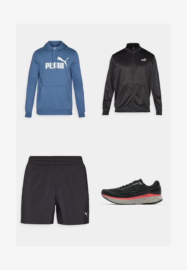 Black zip-up jacket made of smooth, shiny fabric. Features a high collar, two front pockets, and a white Puma logo on the left chest.; Blue cotton hoodie featuring a front kangaroo pocket, ribbed cuffs, and a large white "PUMA" logo with a puma silhouette.; Black athletic shorts with an elastic waistband, made from lightweight material, featuring a small white logo on the lower side.; Black running shoe with mesh upper, accented by a pink midsole stripe and grey outsole. Features textured details and a flexible sole design.