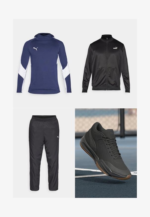 Črna jakna na zadrgo iz gladkega, sijočega materiala. Ima visok ovratnik, dva sprednja žepa in belo Puma logotip na levem prsnem delu.; Temno modra športna kapuca z belimi stranskimi ploščami, ki ima visok ovratnik in črto za zategovanje. Logo v beli barvi na levem delu prsnega predela.; Črne športne hlače iz gladkega, lahkega materiala. Imajo elastičen pas in mali bel logotip na levi strani.; Črne atletske čevlje z gladkim sintetičnim zgornjim delom, teksturiranimi dodatki in gumijastim podplatom, zasnovani za zmogljivost in udobje.