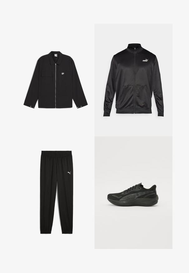 Juodas zip-up švarkas, pagamintas iš lygaus, blizgaus audinio. Turintis aukštą apykaklę, dvi priekinės kišenes ir baltą Puma logotipą kairiajame krūtinės kampe.; Juodas užtrauktuku užsegamas džemperis su taškiniu apykakle, dviem priekinėmis kišenėmis ir nedidele logotipo etikete ant krūtinės. Audinys turi lygų paviršių.; Juodos sportinės kelnės, pagamintos iš lengvos medžiagos, su elastinga juosta, siaurėjančiomis kojomis ir balta Puma logotipu ant kairiojo šlaunies.; Juodos sportinės bateliai su tekstūruotu mezginiu, plokščiomis raištelėmis ir paminkštintu padu, turinčiu subtilius atspindinčius akcentus.