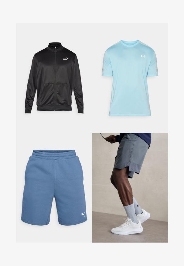 Melnā ar rāvējslēdzēju aizdaram veste, izgatavota no gludas, spīdīgas auduma. Tam ir augsta apkakle, divas priekšējās kabatas un balts Puma logotips kreisajā krūtī.; Gaiši zils sporta t-krekls, kas izgatavots no sintētiskā auduma, ar īsām piedurknēm, apaļo kakla izgriezumu un baltu logo uz krūškurvja.; Zili sporta šorti ar elastīgu jostasviņu, gludu tekstūru un baltu Puma logo apakšējā labajā kājā.; Baltas sporta apavu pāris ar strukturētu acs virsu, apvienots ar gaiši zilo riboto zeķu pāri, kurā ir zīmols. Pelēki sporta šorti ar perforētu apdari.