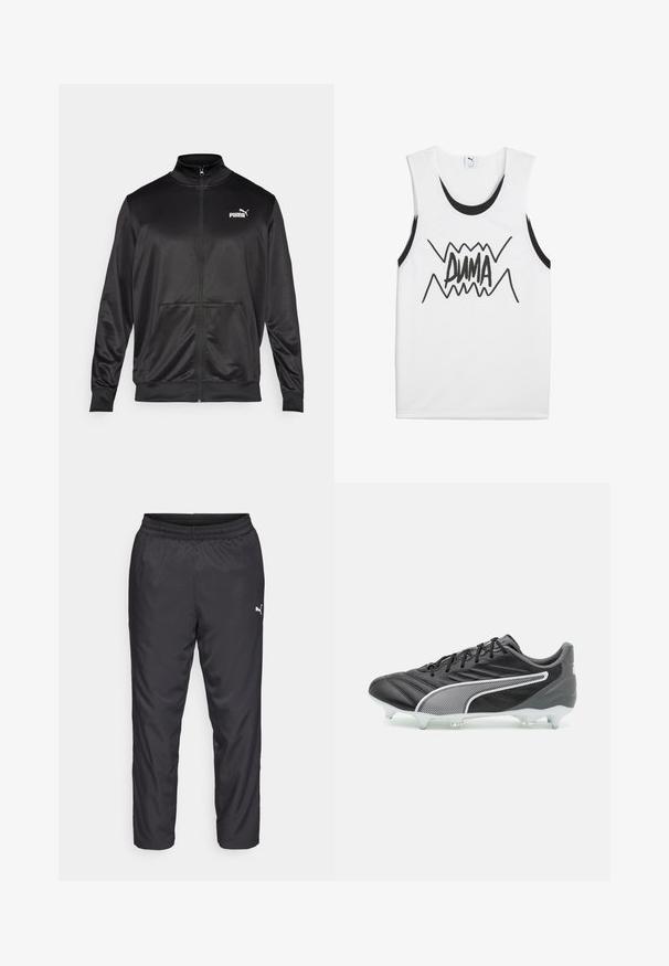 Giacca nera con zip realizzata in tessuto liscio e lucido. Presenta un colletto alto, due tasche frontali e un logo Puma bianco sul lato sinistro del petto.; Canottiera bianca senza maniche con dettagli neri, caratterizzata da una grande grafica nera "PUMA" al centro con un design a zigzag.; Pantaloni sportivi neri realizzati in materiale liscio e leggero. Presentano un elastico in vita e un piccolo logo bianco sul lato sinistro.; Scarpa da calcio nera con tomaia in pelle liscia, accenti bianchi e dettagli testurizzati. Presenta un profilo basso e tacchetti trasparenti per la trazione.