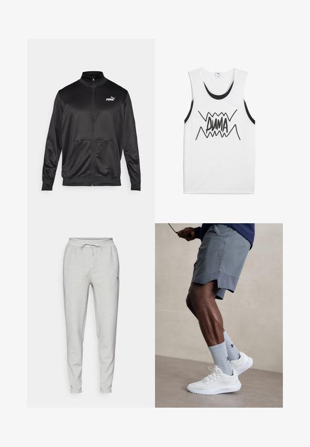 Čierna zipsová bunda vyrobená z hladkej, lesklej textílie. Má vysoký golier, dve predné vrecká a biele logo Puma na ľavej hrudi.; Biely bezrukávový top s čiernymi akcentmi, na ktorom sa v strede nachádza výrazná čierna grafika "PUMA" so zigzagovým dizajnom.; Svetlo šedé joggingové nohavice vyrobené z mäkkej látky, s elastickým pásom na šnúrku, bočnými vreckami a zúženými nohavicami.; Biele atletické topánky s textúrovaným sieťovinovým zvrškom, v kombinácii so svetlomodrými rebrovanými ponožkami s logom. Šedé atletické šortky s perforovaným lemem.