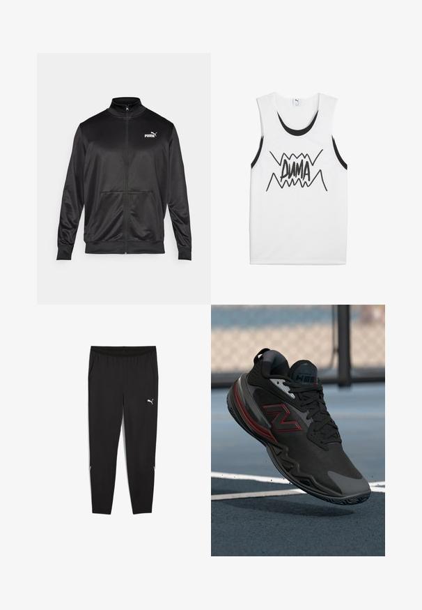 Črna jakna na zadrgo iz gladkega, sijočega materiala. Ima visok ovratnik, dva sprednja žepa in belo Puma logotip na levem prsnem delu.; Bela brezrokavna majica s črnimi poudarki, ki vsebuje izrazit črn grafični napis "PUMA" na sredini z zigzag obliko.; Črne športne hlače z elastičnim pasom, stranskimi žepi in belimi logotipnimi poudarki. Imajo ozko prileganje in taperirano obliko nog. ; Črne atletske čevlje z teksturirano zgornjim delom, rdečimi dodatki in gumijastim podplatom. Imajo nizko profilu in ojačan zaščitni kap.