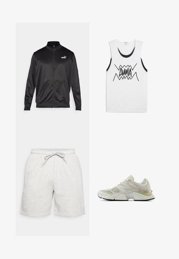 Črna jakna na zadrgo iz gladkega, sijočega materiala. Ima visok ovratnik, dva sprednja žepa in belo Puma logotip na levem prsnem delu.; Bela brezrokavna majica s črnimi poudarki, ki vsebuje izrazit črn grafični napis "PUMA" na sredini z zigzag obliko.; Svetlo sivi bombažni šorti z elastičnim pasom, vrvico za zategovanje in zvitim robom. Imajo majhen beli logotip na spodnji strani.; Bela športna obutev z mrežastim in semiš zgornjim delom, zaobljenim nosom in oblazinjenim ovratnikom. Ima odsevne poudarke in debel, teksturiran podplat.