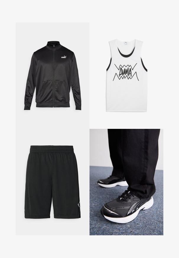 Melnā ar rāvējslēdzēju aizdaram veste, izgatavota no gludas, spīdīgas auduma. Tam ir augsta apkakle, divas priekšējās kabatas un balts Puma logotips kreisajā krūtī.; Balts bez piedurknēm T-krekls ar melniem akcentiem, centrā ar izteiksmīgu melnu "PUMA" grafiku, kas satur zigzaga dizainu.; Melnas sporta bikses, kas izgatavotas no viegla materiāla, ar elastīgu jostu un baltu logotipu apakšējā labajā pusē.; Melnas sporta kurpes ar sieta audumu, baltu zoli un melnām akcentiem. Zole ir teksturēta. Valkātas ar melnām biksēm uz zilas paklāja virsmas.