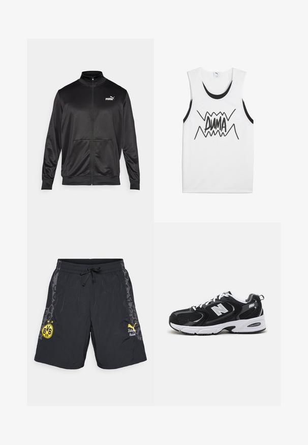 Juodas zip-up švarkas, pagamintas iš lygaus, blizgaus audinio. Turintis aukštą apykaklę, dvi priekinės kišenes ir baltą Puma logotipą kairiajame krūtinės kampe.; Balti be rankovių marškinėliai su juodais akcentais, turintys ryškų juodą "PUMA" grafiką per centrą su zigzago dizainu.; Juodos sportinės šortai su elastingu juosmeniu ir šnurku. Su geltona klubo logo ir akcento grafika šonuose. Lengvas medžiaga.; Juodi ir pilki sportiniai batai su tinklu ir zomšos viršutine dalimi, su balta vidurio pade, raišteliais ir ryškiu "N" logotipu šone.