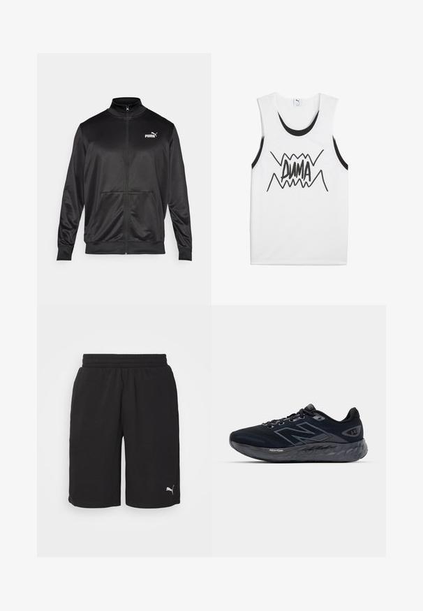 Casaco preto com fecho éclair, feito de um tecido liso e brilhante. Apresenta um colarinho alto, dois bolsos frontais e um logótipo branco da Puma no lado esquerdo do peito.; Camiseta sem mangas branca com detalhes pretos, apresentando um ousado gráfico preto "PUMA" no centro com um design em zigue-zague.; Puma ESSENTIALS - Calções desportivos - black; Ténis de corrida masculinos em malha preta com uma sola cinza espessa, textura circular e detalhes refletivos. Apresenta o logótipo "New Balance" de um lado.