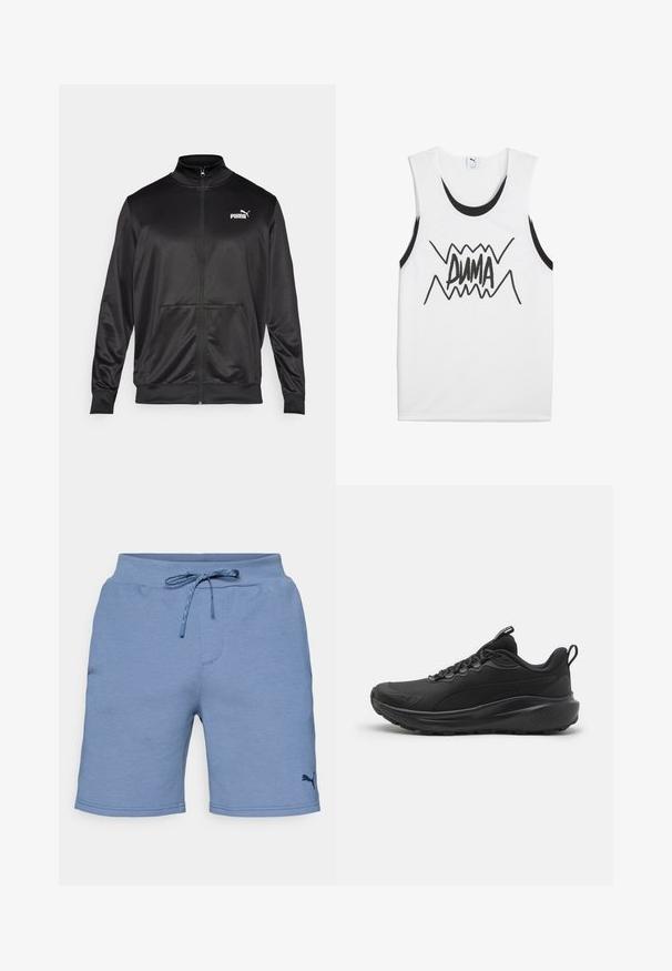 Fekete, sima, fényes anyagból készült, cipzáros dzseki. Magas gallérral, két elülső zsebbel és fehér Puma logóval rendelkezik a bal mellrészen.; Fehér ujjatlan trikó fekete kiegészítőkkel, a közepén merész fekete "PUMA" grafika zigzag mintázattal.; Világoskék sportnadrág elasztikus derékrésszel és állítható zsinórral. A nadrág alsó részén egy kis sötét logó található.; Fekete sportcipők texturált hálós felsőrésszel, párnázott gallérral, fűzővel és gumitalppal. Karcsú dizájnnal és tartós felépítéssel rendelkezik.