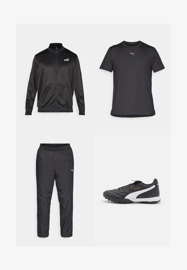 Melnā ar rāvējslēdzēju aizdaram veste, izgatavota no gludas, spīdīgas auduma. Tam ir augsta apkakle, divas priekšējās kabatas un balts Puma logotips kreisajā krūtī.; Melns sportisks t-krekls ar īsām piedurknēm, izgatavots no viegla auduma. Aprīkots ar mazu, atstarotāju logotipu uz krūtīm un apaļu kakla izgriezumu.; Melnas sporta bikses, kas izgatavotas no gluda, viegla materiāla. Iespējas ietver elastīgu jostu un mazu baltu logotipu kreisajā pusē.; Melnie futbola apavi ar kvadrātveida tekstūru, ar baltām akcentiem un mīkstu apkakli. Gumijas zole, kas paredzēta saķerei. Zelta logo detaļa.