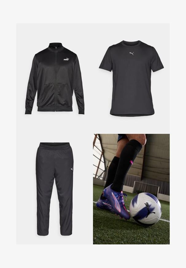 Sort zip-jakke lavet af glat, skinnende stof. Har en høj krave, to forlommer og et hvidt Puma-logo på venstre bryst.; Sort kortærmet atletisk t-shirt lavet af letvægtsstof. Har et lille, reflekterende logo på brystet og en rund halsudskæring.; Sorte træningsbukser lavet af glat, let materiale. Har en elastisk talje og et lille hvidt logo på venstre side.; Lilla og lyserøde fodboldstøvler med et strømlinet design og struktureret overdel, placeret ved siden af en sort og hvid fodbold på grøn kunstgræs.