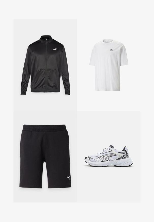 Chaqueta negra con cremallera hecha de un tejido liso y brillante. Presenta un cuello alto, dos bolsillos frontales y un logo blanco de Puma en el lado izquierdo del pecho.; Camiseta blanca de algodón con cuello redondo y mangas cortas. Presenta un pequeño logo negro de Puma en el lado izquierdo del pecho. Textura suave, corte casual.; Pantalones cortos deportivos negros con una cinturilla elástica, hechos de material suave, que presentan un pequeño logo blanco de Puma en la parte inferior derecha.; Zapatilla deportiva blanca con detalles negros. Parte superior de malla y sintético, suela gruesa y diseño curvado. Cuenta con cordones en la parte delantera y detalles del logo.