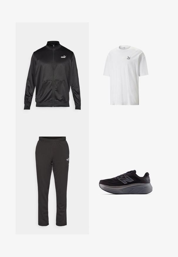 Jachetă neagră cu fermoar, made dintr-un material neted, lucios. Dispune de un guler înalt, două buzunare frontale și un logo alb Puma pe pieptul stâng.; Tricou alb din bumbac, cu guler rotund și mâneci scurte. Prezintă un mic logo negru Puma pe pieptul stâng. Textură netedă, croială lejeră.; Pantaloni de trening negri din material moale, având un brâu elastic și un mic logo alb pe piciorul stâng. Textură netedă cu o croială lejeră.; Pantof de sport negru cu un superior texturat, călcâi întărit și talpă groasă gri. Include un logo proeminent "N".