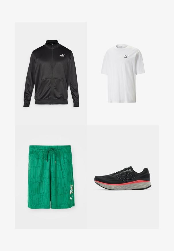 Black zip-up jacket made of smooth, shiny fabric. Features a high collar, two front pockets, and a white Puma logo on the left chest.; White cotton T-shirt with a round neckline and short sleeves. Features a small black Puma logo on the left chest. Smooth texture, casual fit.; Green swim shorts with a textured pattern, elastic waistband, and drawstring. Features a logo patch on the side and contrasting trim details.; Black running shoe with mesh upper, accented by a pink midsole stripe and grey outsole. Features textured details and a flexible sole design.