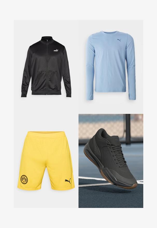 Fekete, sima, fényes anyagból készült, cipzáros dzseki. Magas gallérral, két elülső zsebbel és fehér Puma logóval rendelkezik a bal mellrészen.; Világoskék, hosszú ujjú ing, puha, rugalmas anyagból készült. Kerek nyakkivágással és egy kis sötét logóval rendelkezik a bal mellrészen.; Sárga sportnadrág, könnyű anyagból, elasztikus derékkal. A bal lábon fekete kör alakú logó és fekete Puma logó található.; Fekete sportcipő sima szintetikus felsőrésszel, mintás díszítésekkel és gumi talppal, melyet teljesítményre és kényelemre terveztek.