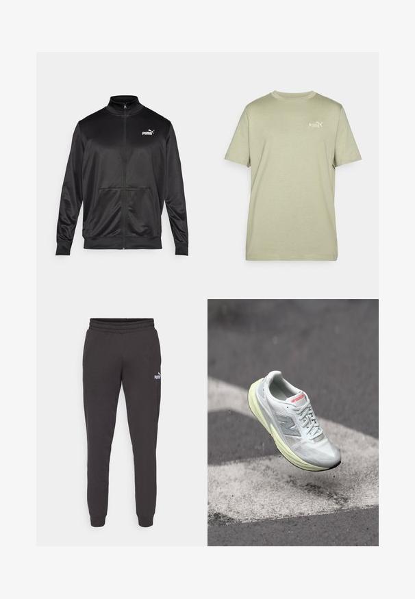 Svart zip-up jacka i slät, glänsande tyg. Har hög krage, två framfickor och en vit Puma-logotyp på vänster bröst.; Olivgrön t-shirt med rund hals och korta ärmar. Har en liten vit Puma-logotyp på bröstet. Tillverkad av mjukt, lätt material.; Mörkgrå träningsbyxor med elastisk midja, avsmalnande ben och en liten vit Puma-logotyp på vänster lår. Mjukt material i bomullsblandning.; Lättvikts löparskor med ovandel av vit mesh, gul mellansula och grå detaljer. Har en framträdande ‘N’ logotyp och texturerad yta.