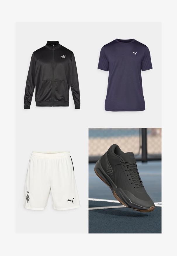 Svart zip-up jakke laget av glatt, skinnende stoff. Har høy krage, to frontlommer og en hvit Puma-logo på venstre bryst.; Mørk marineblå T-skjorte laget av glatt stoff, med rund hals og korte ermer. Hvit Puma-logo på venstre bryst.; Hvite sportsshortser laget av lett materiale, med en svart logo på venstre ben og svarte sideakenter. Elastisk midjebånd er inkludert.; Svarte treningssko med en glatt syntetisk overdel, teksturerte detaljer og en såle av gummigummi, designet for ytelse og komfort.