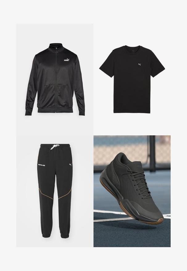 Schwarze Zip-Jacke aus glattem, glänzendem Stoff. Merkmale sind ein hoher Kragen, zwei Fronttaschen und ein weißes Puma-Logo auf der linken Brust.; Schwarzes Baumwoll-T-Shirt mit kurzen Ärmeln, Rundhalsausschnitt und einem kleinen weißen Puma-Logo-Patch auf der linken Brust. Glatte Textur und normale Passform.; Puma Jogginghose - puma black; Schwarzer Sportschuh mit glattem Synthetik-Obermaterial, strukturierten Akzenten und einer Gummisohle, die für Leistung und Komfort entwickelt wurde.