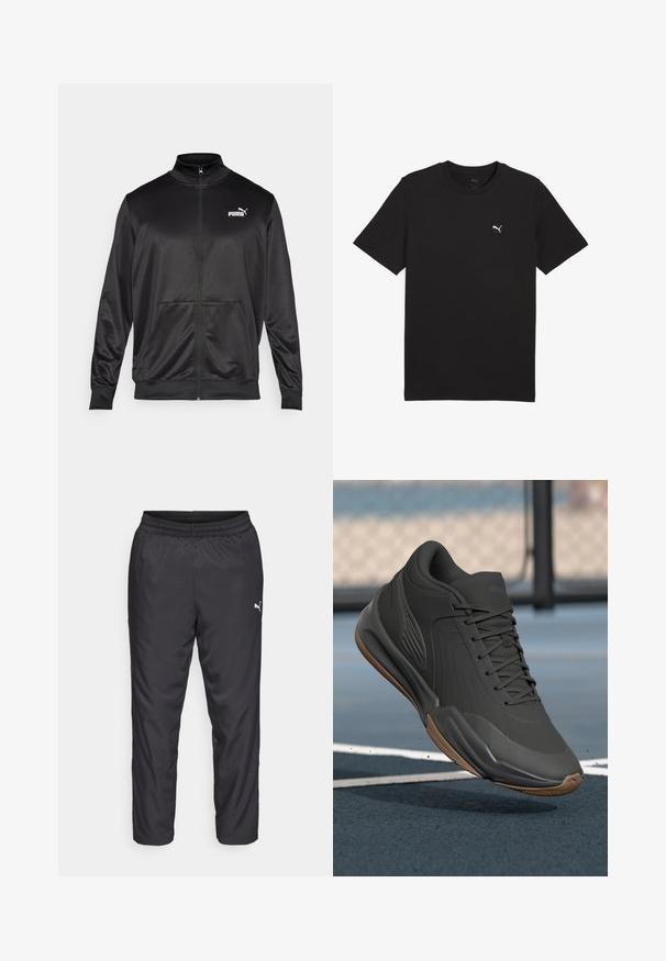 Melnā ar rāvējslēdzēju aizdaram veste, izgatavota no gludas, spīdīgas auduma. Tam ir augsta apkakle, divas priekšējās kabatas un balts Puma logotips kreisajā krūtī.; Melna kokvilnas T-kreklu ar īsām piedurknēm, apaļu kakla izgriezumu un mazu baltu Puma loga plāksteri kreisajā krūtī. Gluda tekstūra un parasta piegrieztne.; Melnas sporta bikses, kas izgatavotas no gluda, viegla materiāla. Iespējas ietver elastīgu jostu un mazu baltu logotipu kreisajā pusē.; Melna sporta apava ar gludu sintētisku virsu, teksturētām akcentiem un gumijas zoli, kas izstrādāta veiktspējai un komfortam.