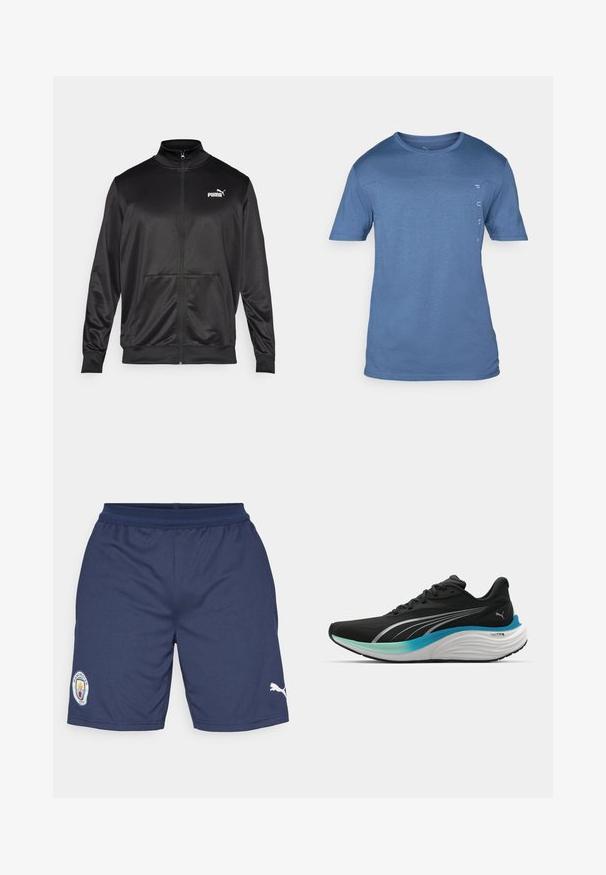 Must läikivast ja siledast kangast must kapuutsiga jakk. Omab kõrget kaelust, kahte esi-taskut ja valget Puma logo vasakul rinnal.; Sinine lühikeste varrukatega t-särk, mis on valmistatud pehmest ja hingavast kangast. Omab ümmargust kaela ja vertikaalset logo vasakul küljel. Lihtne disain.; Tumesinised sportlikud lühikesed püksid, mis on valmistatud polüestrist, vasakul jalal logoga paigaldus ja paremal pool valge Puma aksent. Elastne vöökoht.; Musthave mustandus mustat jalatsid, millel on õhku läbilaskev pealis, hõbedased detailid ja pehme vahekiht, millel on sinise-rohelise gradatsiooniga kujundus.