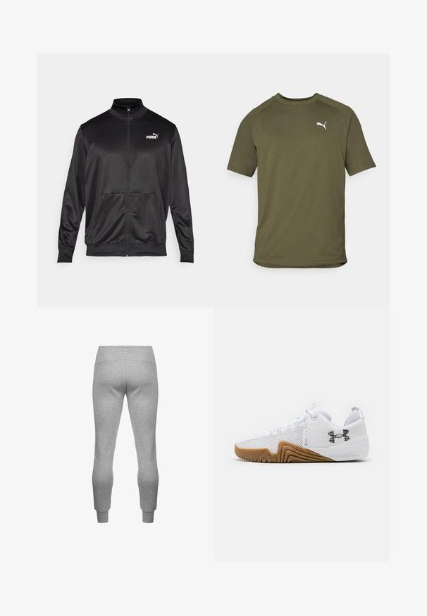 Sort zip-jakke lavet af glat, skinnende stof. Har en høj krave, to forlommer og et hvidt Puma-logo på venstre bryst.; Oliven grøn kortærmet t-shirt, lavet af glat stof, har rund halsudskæring og hvidt logo på venstre bryst.; Grå sweatpants med elastisk talje og tætsiddende manchetter, lavet af blødt stof, med en glat tekstur og uden synlige mønstre.; Hvide atletik sko med mesh overdel, gummisål i gummifarve, teksturerede detaljer og en sort logo på siden.