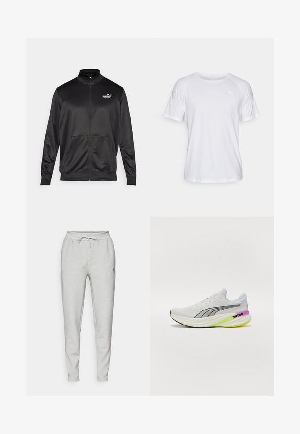 Schwarze Zip-Jacke aus glattem, glänzendem Stoff. Merkmale sind ein hoher Kragen, zwei Fronttaschen und ein weißes Puma-Logo auf der linken Brust.; Weißes, kurzärmliges Sportshirt mit glatter Textur. Es hat einen runden Ausschnitt und ein kleines Logo in einer hellen Farbe auf der linken Brust.; Hellgraue Jogginghosen aus weichem Material, ausgestattet mit einem elastischen Bund mit Kordelzug, Seitentaschen und schmal zulaufenden Beinen.; Weißer Sportschuh mit atmungsaktivem Obermaterial aus Mesh, schwarzen Akzenten und einer mehrfarbigen Sohle mit lila und grünen Details.