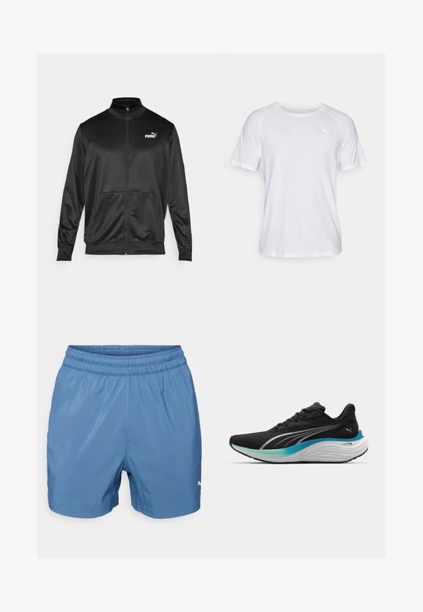 Chaqueta negra con cremallera hecha de un tejido liso y brillante. Presenta un cuello alto, dos bolsillos frontales y un logo blanco de Puma en el lado izquierdo del pecho.; Camiseta atlética blanca de manga corta con una textura suave. Presenta un escote redondo y un pequeño logo en un tono claro en el lado izquierdo del pecho.; Pantalones cortos deportivos azules con una cinturilla elástica, textura suave y un pequeño logo blanco en el lado inferior. Diseño simple, sin bolsillos.; Zapatilla deportiva negra con parte superior transpirable, acentos plateados y una plantilla acolchada con un diseño degradado en azul-verde.