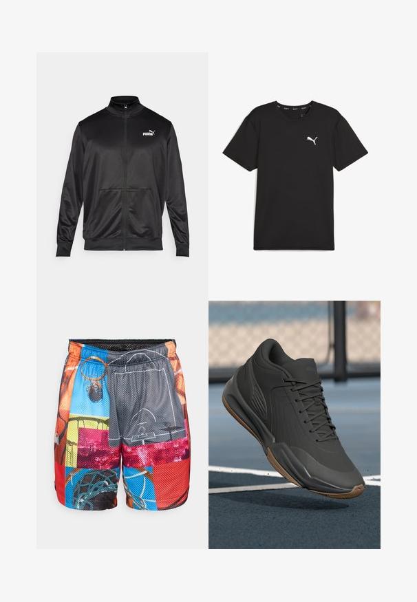 Mustat vetoketjulliset takit, jotka on valmistettu sileästä, kiiltävästä kankaasta. Ominaisuuksiin kuuluvat korkea kaulus, kaksi etutaskua ja valkoinen Puma-logo vasemmassa rinnassa.; Lyhythihainen musta urheilupaita, joka on valmistettu synteettisestä kankaasta. Vasemmassa ylärinnassa on valkoinen Puma-logo. Paidan pinta on sileä ja kaula-aukko on pyöreä.; Verkkosysteemiset koripalloshortsit, joissa on monivärinen palapelimuotoilu ja kuvasto koripalloista, korista ja kentistä; joustava vyötärö, jossa on kiristysnauha.; Musta urheilujalkine, jossa on sileä synteettinen päällinen, tekstuuriset yksityiskohdat ja kuminen pohja, suunniteltu suorituskykyä ja mukavuutta varten.
