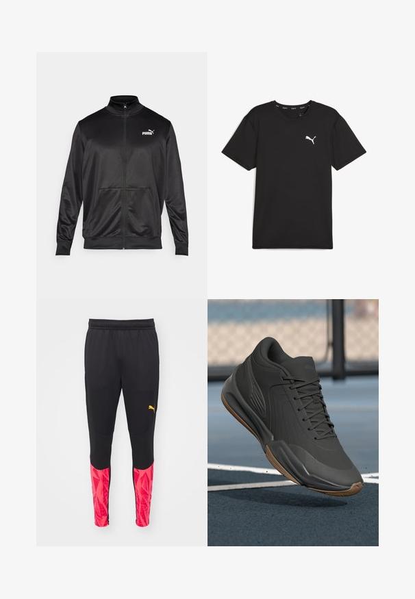 Schwarze Zip-Jacke aus glattem, glänzendem Stoff. Merkmale sind ein hoher Kragen, zwei Fronttaschen und ein weißes Puma-Logo auf der linken Brust.; Schwarz, kurzärmliges Sport-T-Shirt aus synthetischem Fabric, mit einem weißen Puma-Logo auf der oberen linken Brust. Glatte Textur, Rundhalsausschnitt.; Schwarze Sporthosen mit strukturiertem Finish, die an den Unterschenkeln mit pinken geometrischen Mustern versehen sind und ein gelbes Logo an der Seite haben.; Schwarzer Sportschuh mit glattem Synthetik-Obermaterial, strukturierten Akzenten und einer Gummisohle, die für Leistung und Komfort entwickelt wurde.